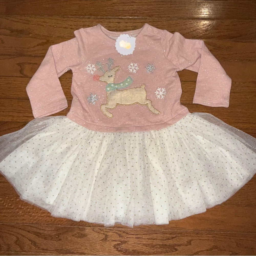 NWT “Mudpie” “Rudolph” Winter Sweater Top Dress with Tulle Skirt, Size 12-18m - Picture 2 of 4
